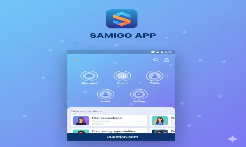 Samigo app interface showing profile discovery and messaging features on smartphone screen